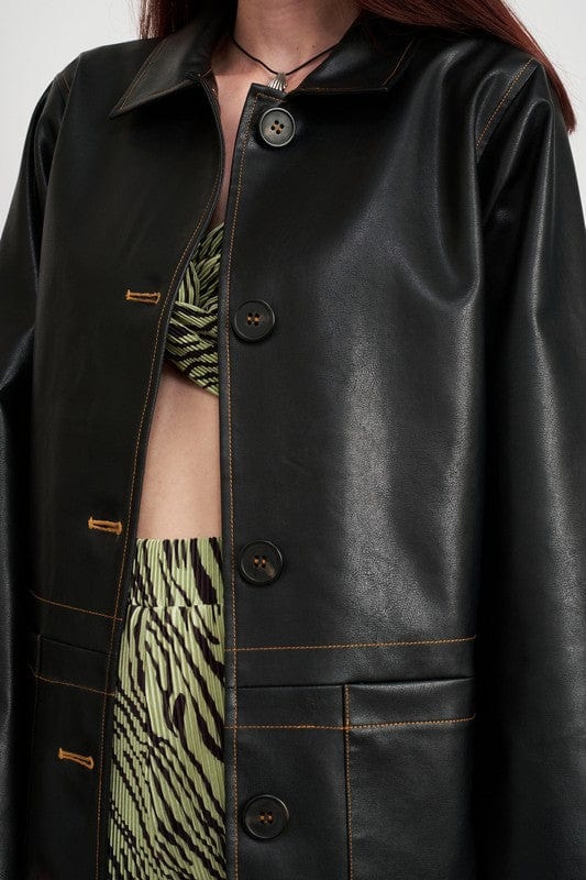 Button up leather jacket with stiching contract