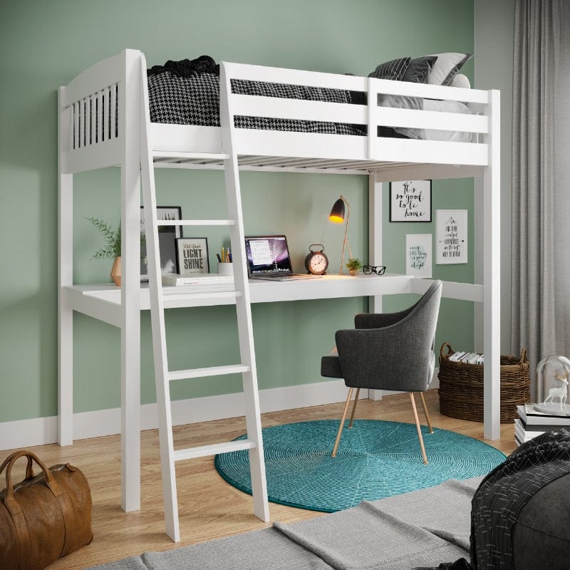 Kids White High Loft Bed with Desk and Storage Space